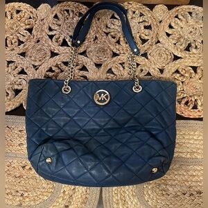 Michael Kors Navy Quilted Leather Tote with Gold MK Emblem